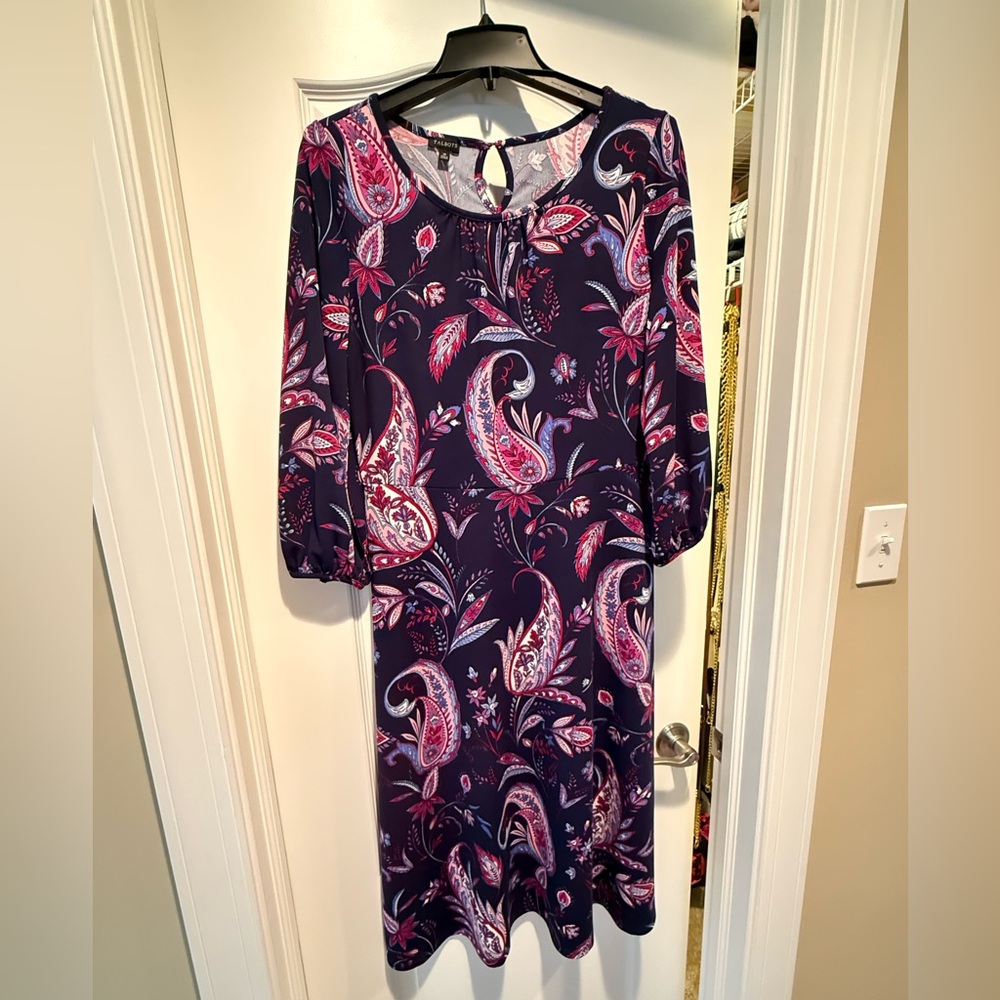 Talbots Medium 3/4 Sleeve Paisley Dress - Navy, Purple and Pink